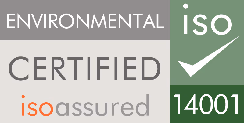ISO Environmental Certified 14001 in green and gray.