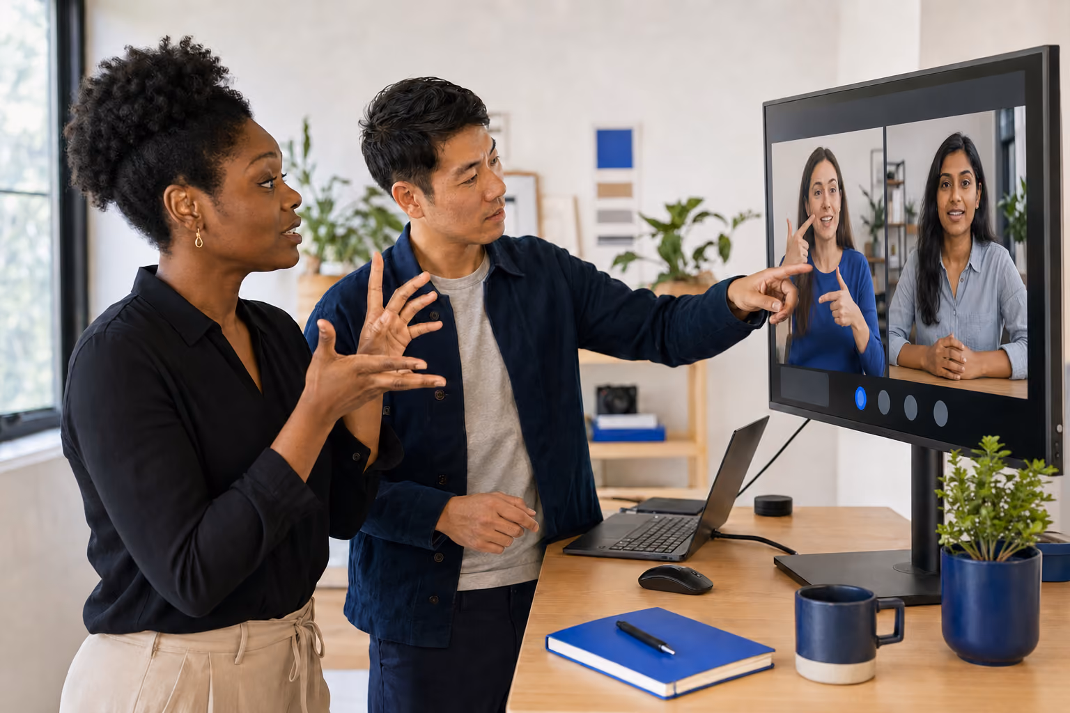 Two professionals using sign language while collaborating with two people on a live video call.