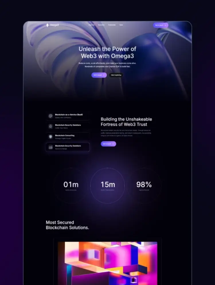 Webpage header with dark theme promoting Omega3 for Web3, highlighting blockchain services including Blockchain as-a-Service, Security Solutions, and Consulting, with performance stats and colorful abstract 3D shapes.