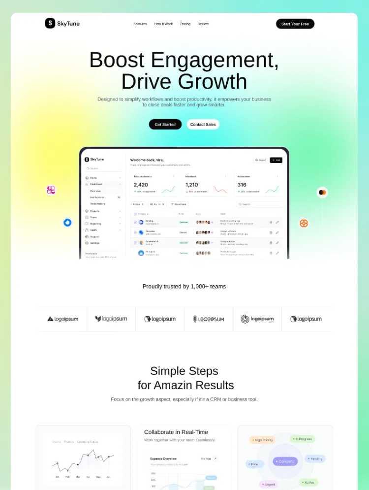 SkyTune homepage showing a dashboard interface for tracking customer engagement and growth metrics with options to get started or contact sales.