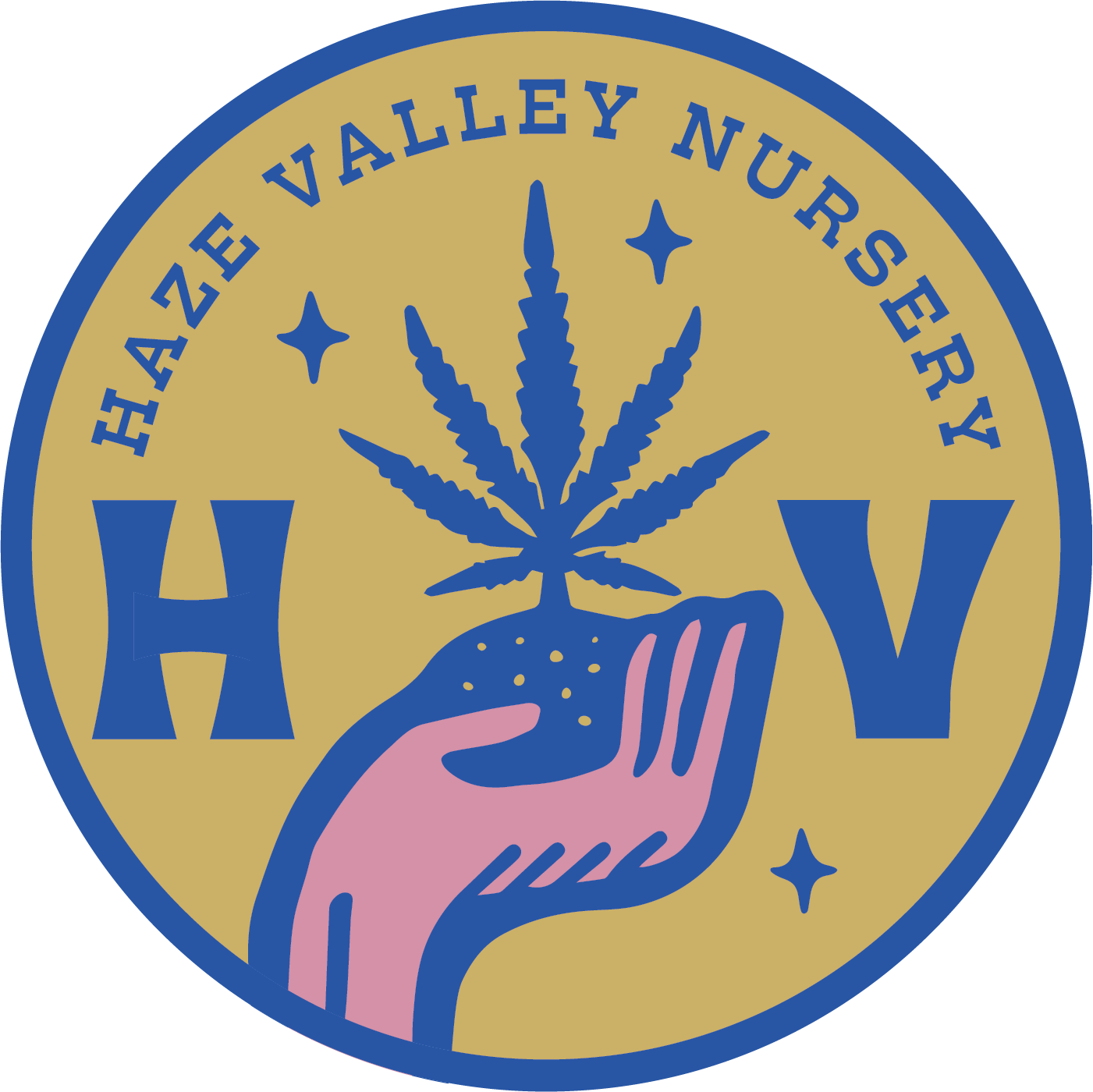 Round badge with a gold background and blue border featuring a pink hand holding a cannabis leaf with the text 'Haze Valley Nursery' and the letters 'H' and 'V'.