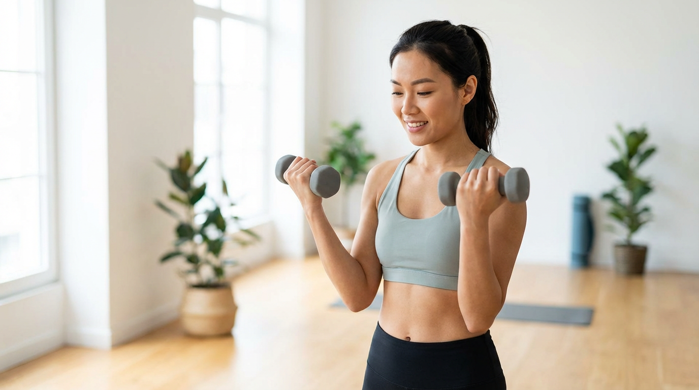 Woman doing strength training exercises to maintain weight after GLP-1 treatment