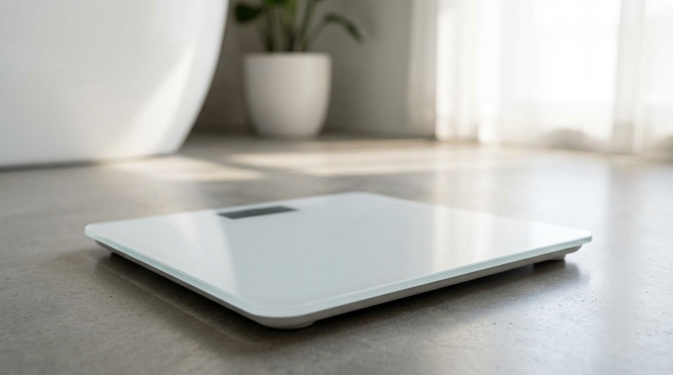 Digital weighing scale in a modern bathroom representing BMI measurement for weight loss eligibility