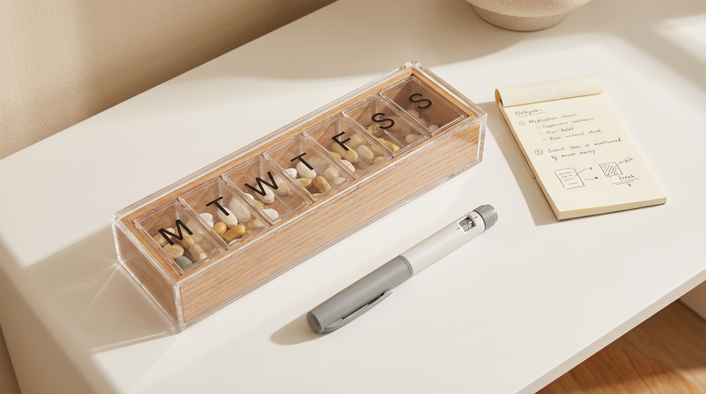 Weekly medication organiser showing GLP-1 dosing schedule