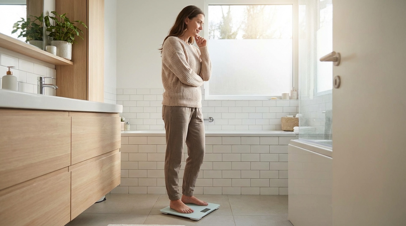 Woman experiencing a weight loss plateau standing on a scale