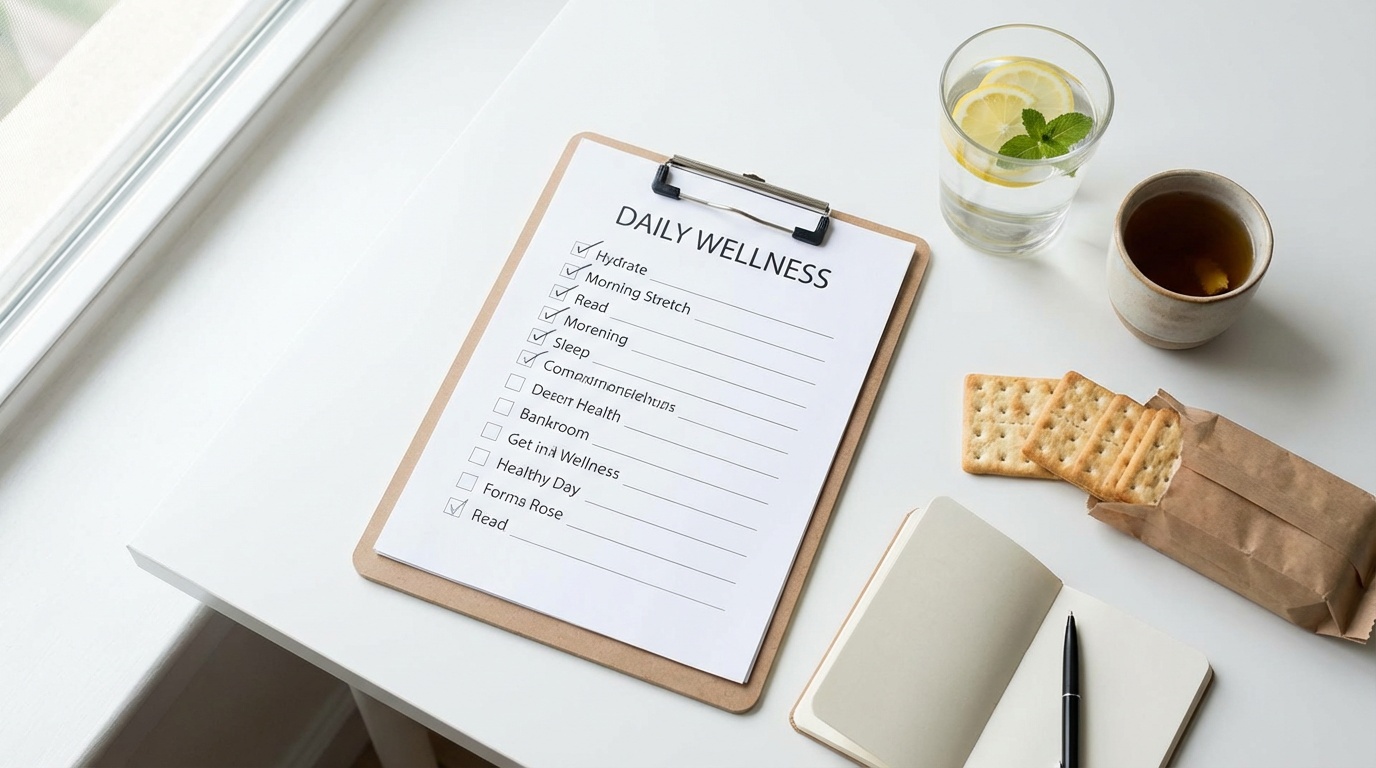 Monitoring checklist with water, ginger tea, and crackers for managing GLP-1 side effects