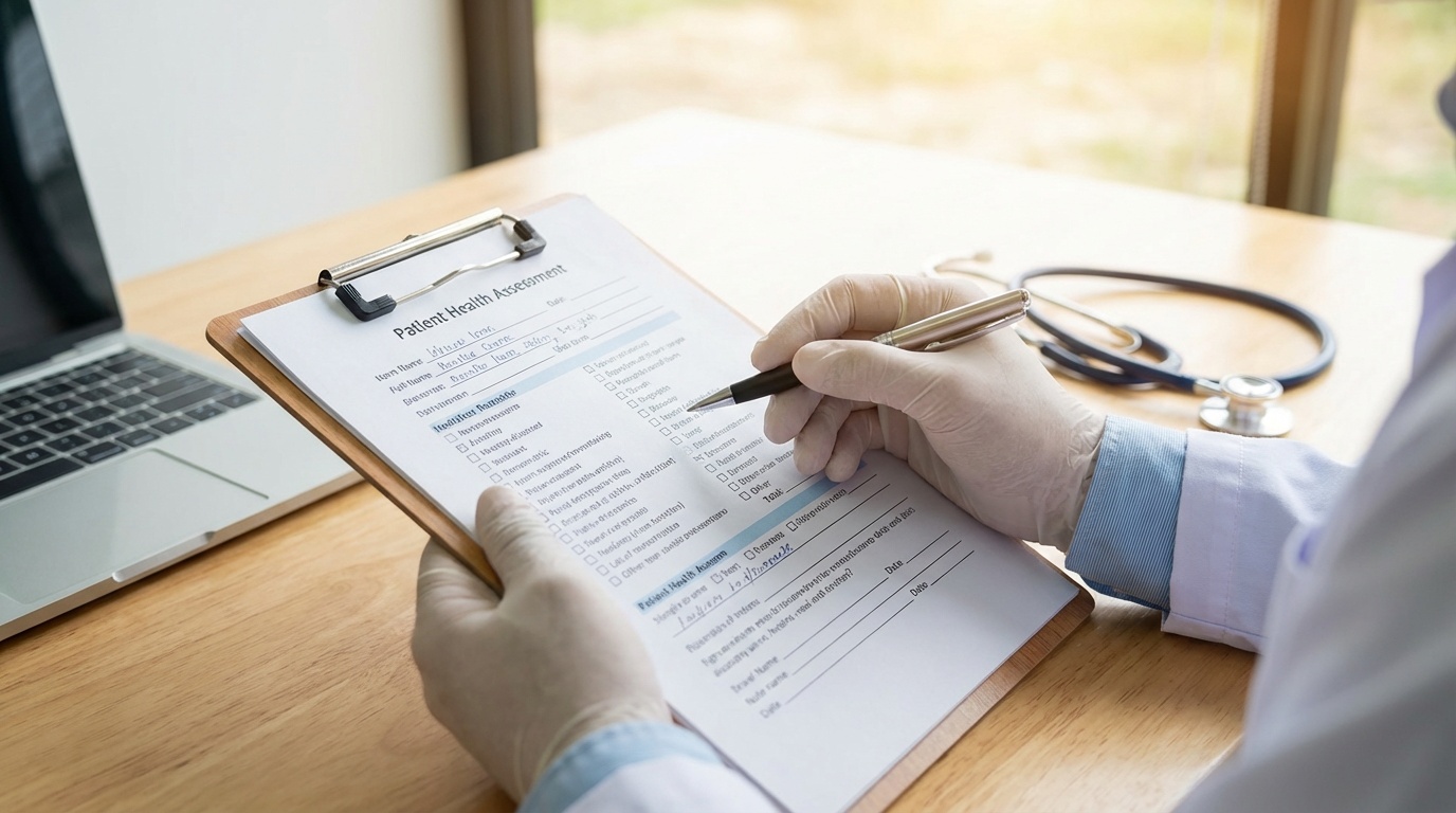Doctor reviewing patient health assessment form before prescribing GLP-1 medication