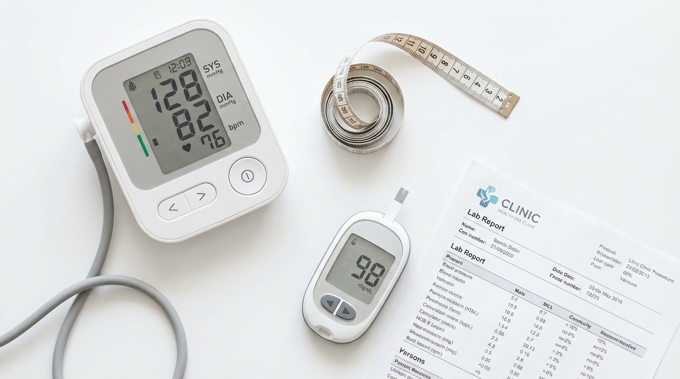 Metabolic syndrome risk factors including blood pressure and blood sugar monitoring