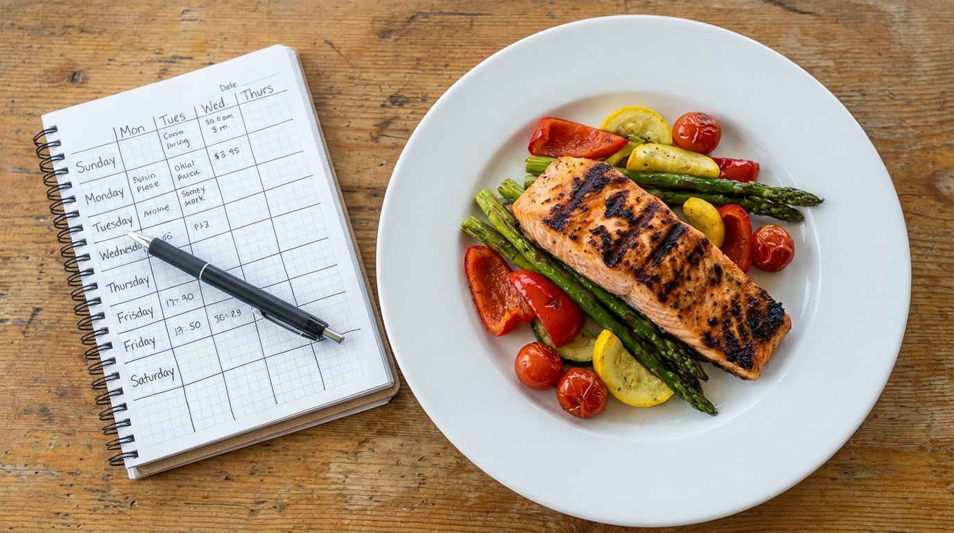 Calorie tracking with healthy meal and calculator for weight loss planning