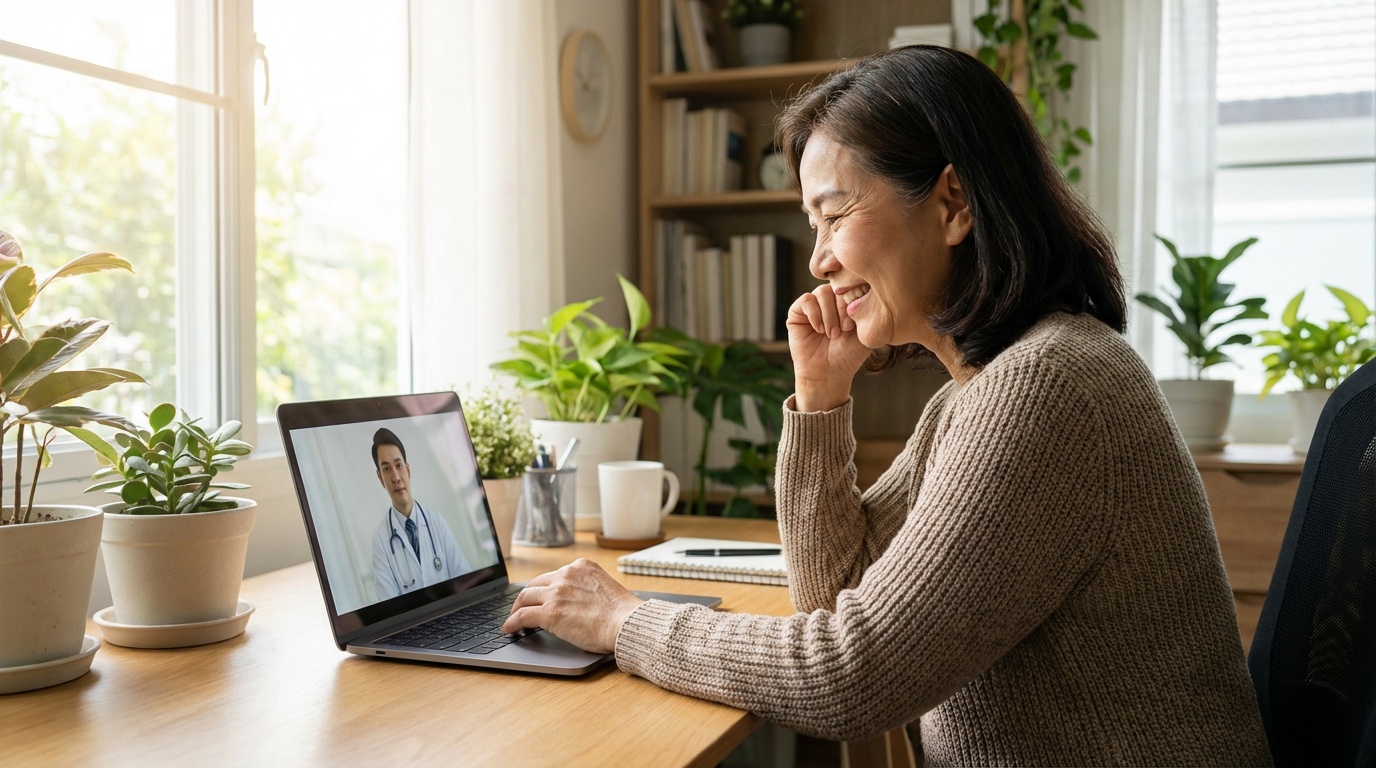 An Asian woman smiling warmly during a video consultation on her laptop, doctor visible on screen listening attentively,