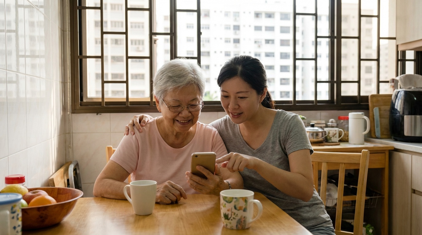 An elderly Asian grandmother sitting at a kitchen table being shown how to use a smartphone by her adult daughter, warm 
