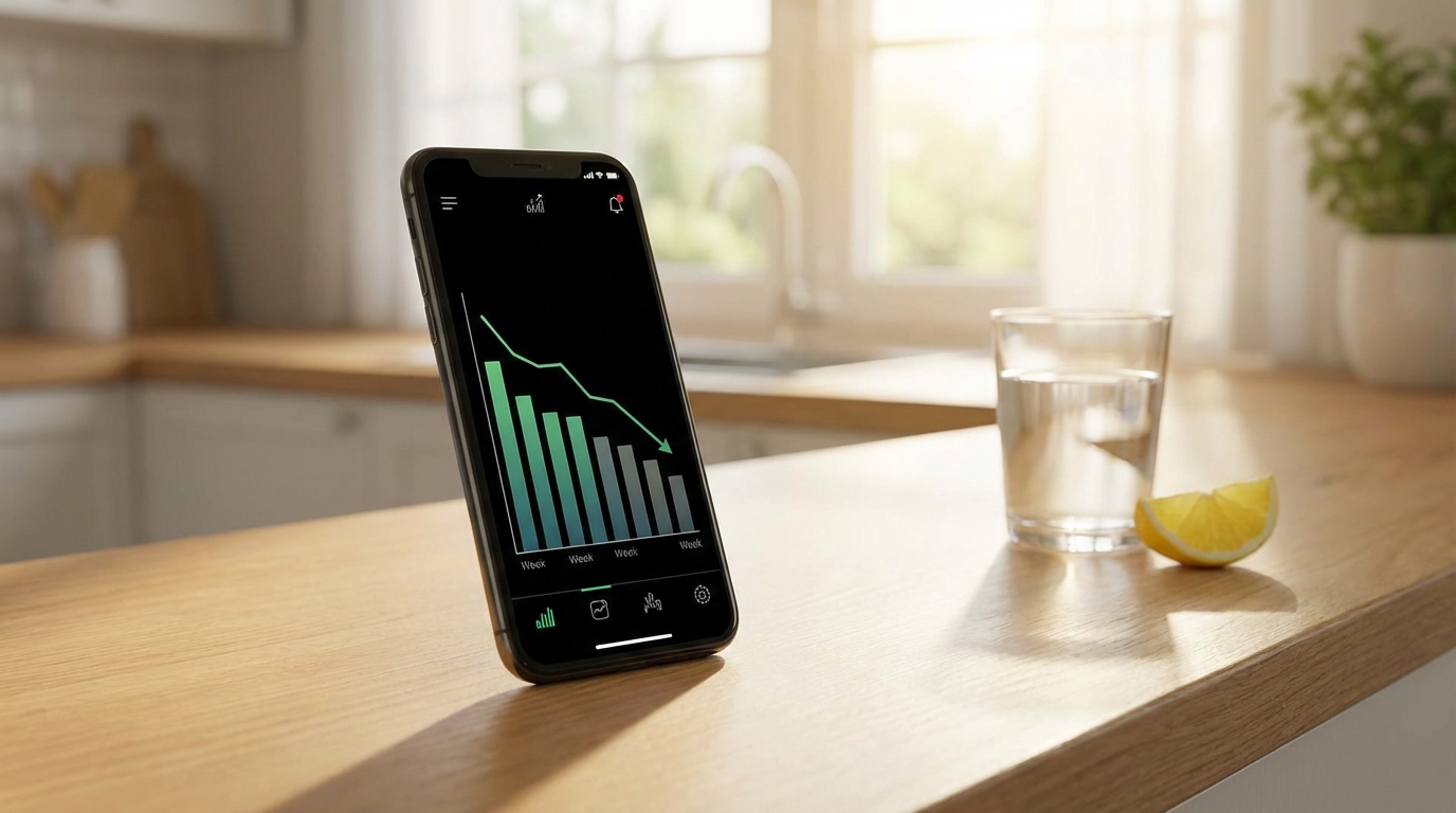 A weight loss progress chart on a smartphone screen showing a downward trend line over several weeks, the phone resting 