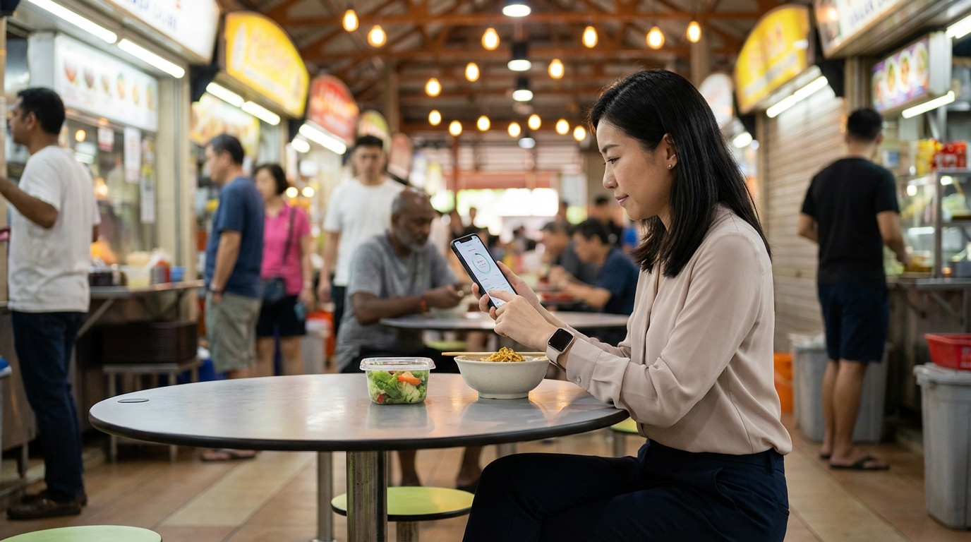 A busy Asian professional woman having a quick lunch at a Singapore hawker centre while checking her phone, showing inte