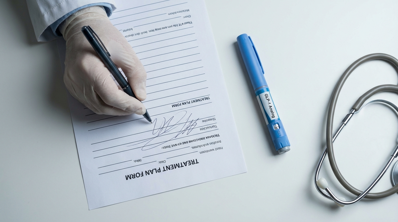 A doctor's hand writing notes on a treatment plan form next to a GLP-1 medication pen on a clean white desk, medical ste