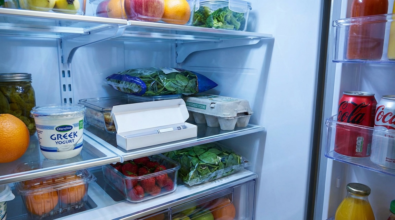 Interior of a clean refrigerator shelf showing a medication pen in its original box stored safely alongside everyday ite