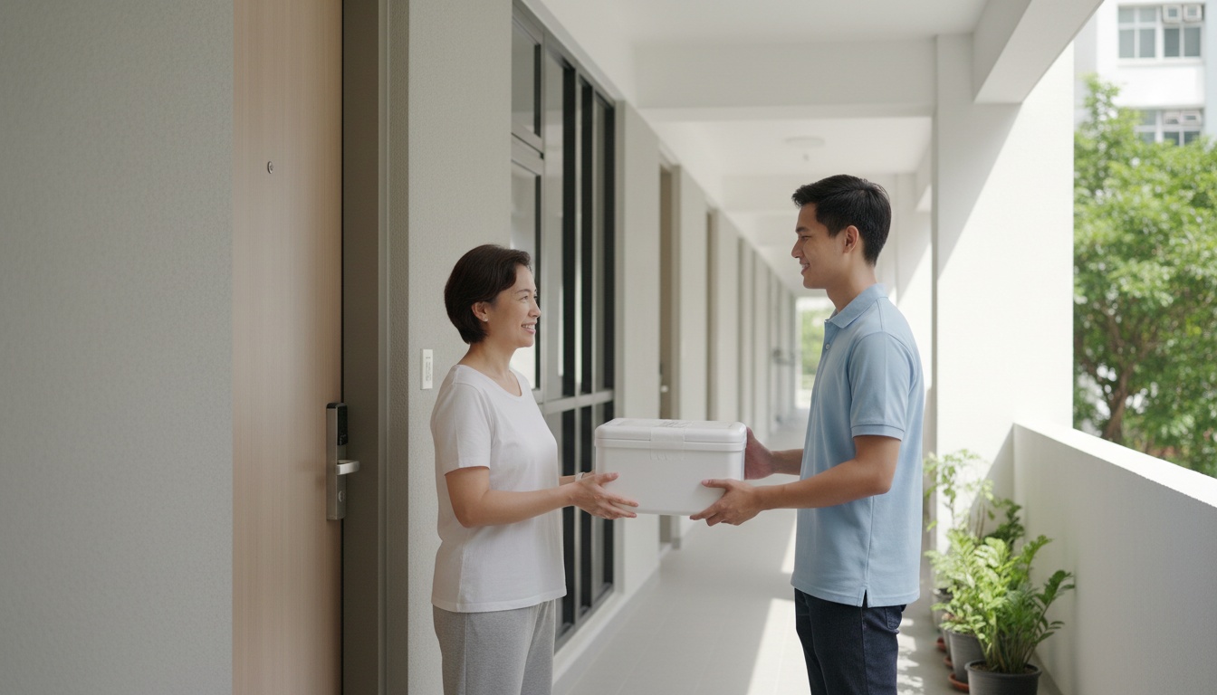 A woman receiving a medical package delivery at her Singapore apartment door from a courier, insulated package handoff, 