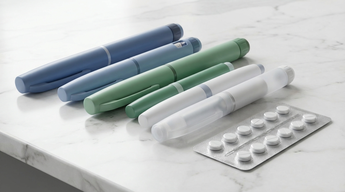 A clean arrangement of different GLP-1 medication pens and a tablet blister pack on a white marble surface, soft studio 