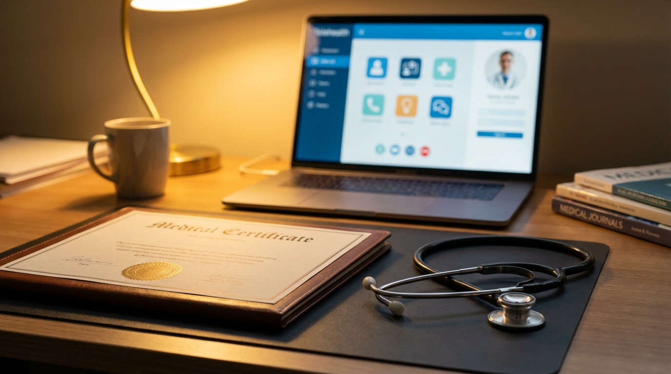 Close-up of a doctor's medical certificate and stethoscope on a professional desk, with a laptop showing a telehealth pl