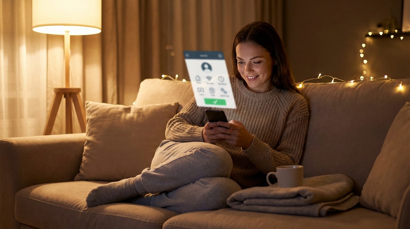 A woman checking a health message on her smartphone while relaxing at home on the couch, warm evening lighting, showing 