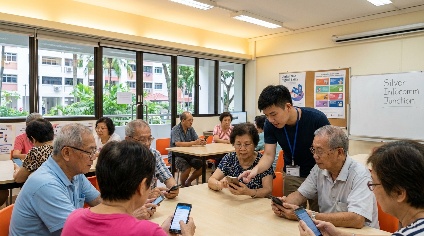 A group of seniors in a bright community centre learning to use smartphones with a young volunteer instructor helping th
