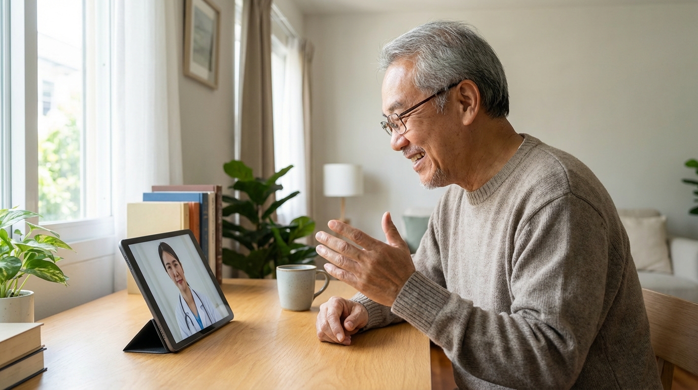 An older Asian man confidently having a video call on a tablet propped up on his desk at home, clear image of doctor on 