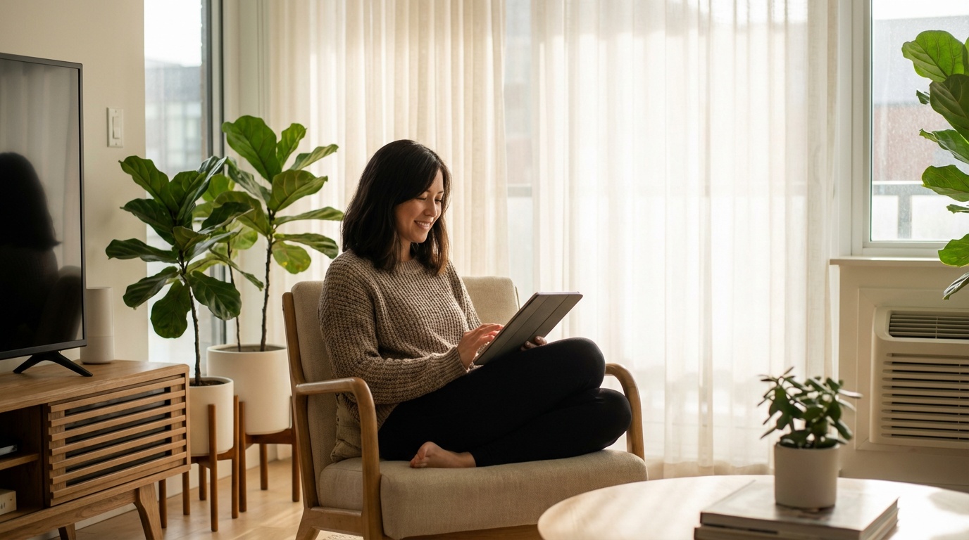 Woman researching Wegovy weight loss treatment on her tablet in a Singapore home