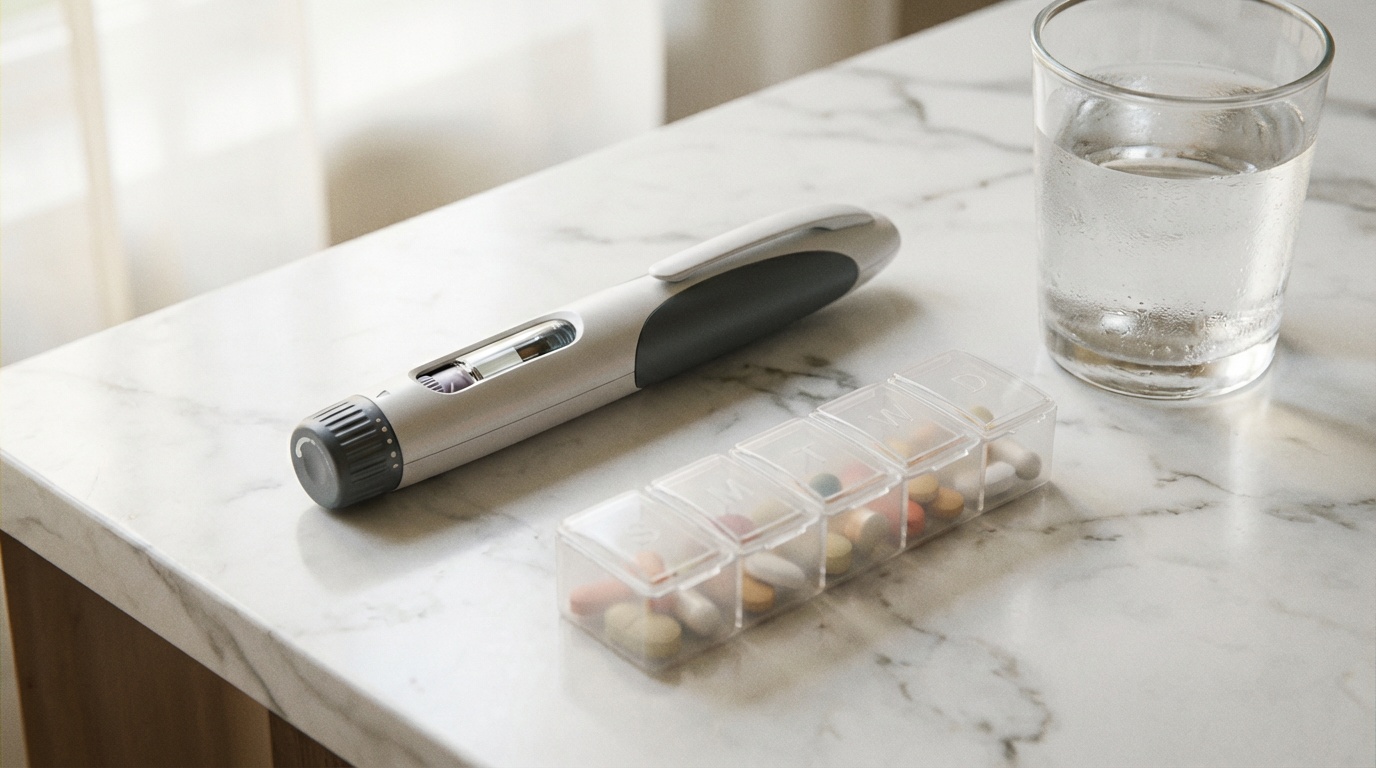 Weekly GLP-1 injection pen with dosing schedule organiser