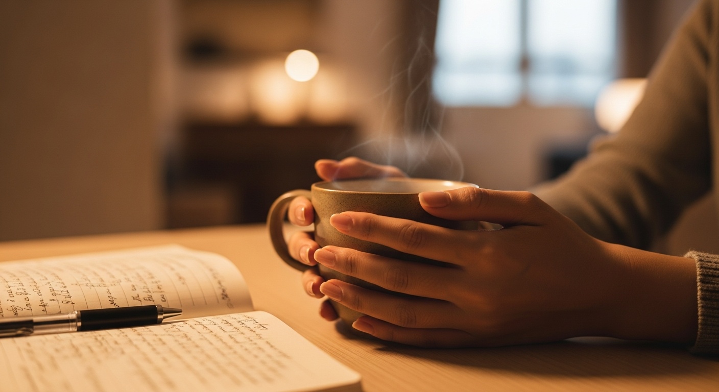 Hands holding a warm mug of tea beside an open journal for self-reflection