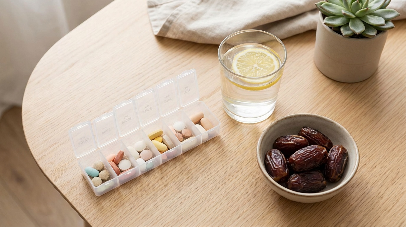 Weekly pill organizer next to dates and water for Ramadan medication timing