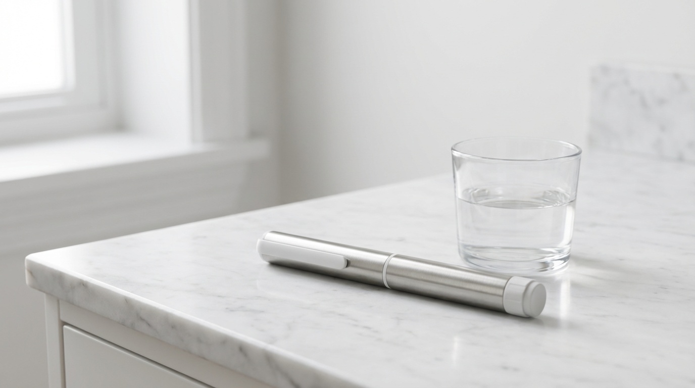 Modern weight loss injection pen on a clean marble surface with glass of water