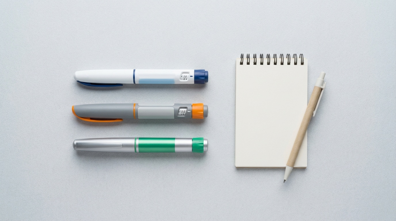 Three weight loss medication pens arranged for comparison on a clean surface