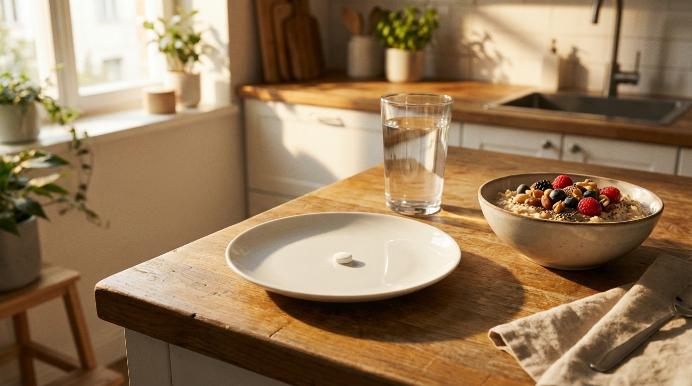 Small oral weight loss pill on a plate next to breakfast showing no fasting requirement