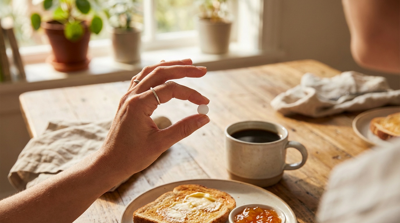 Woman taking an oral GLP-1 pill during breakfast with no fasting restrictions