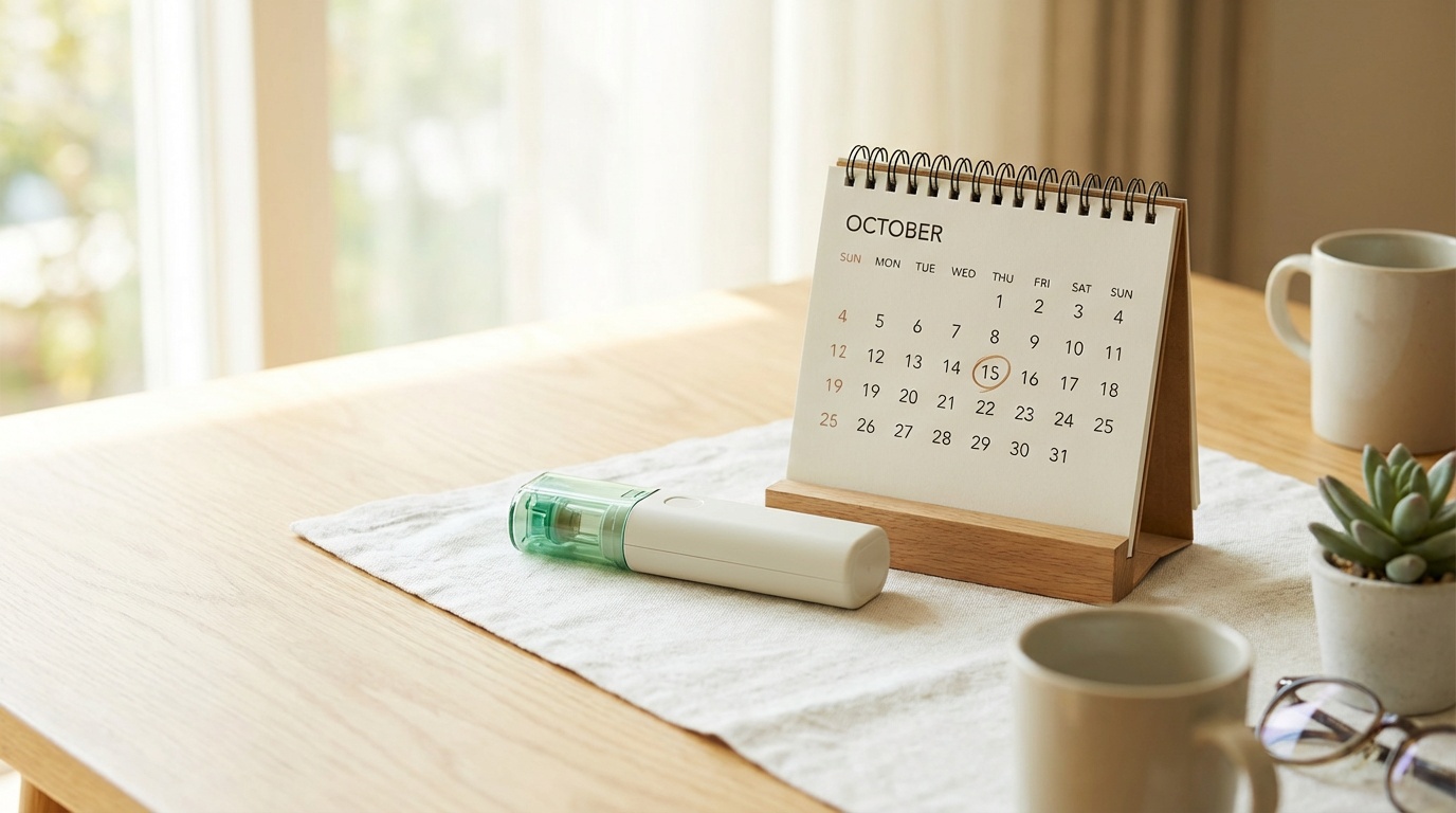 Monthly autoinjector device representing MariTide once-monthly weight loss dosing