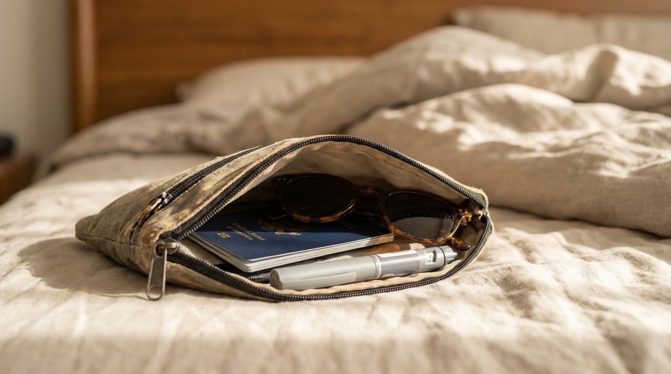 Travel-friendly monthly weight loss injection representing convenience of less frequent dosing