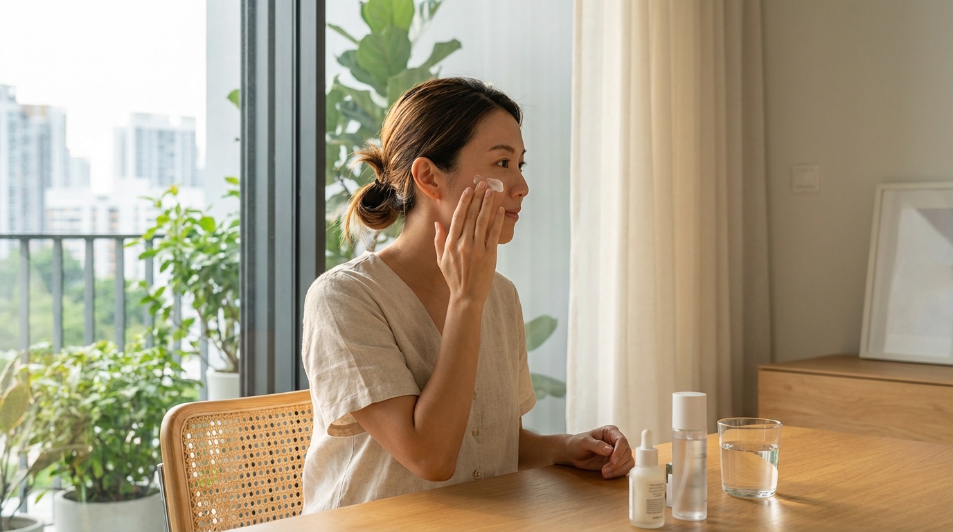 Woman applying sunscreen and skincare to protect skin during weight loss