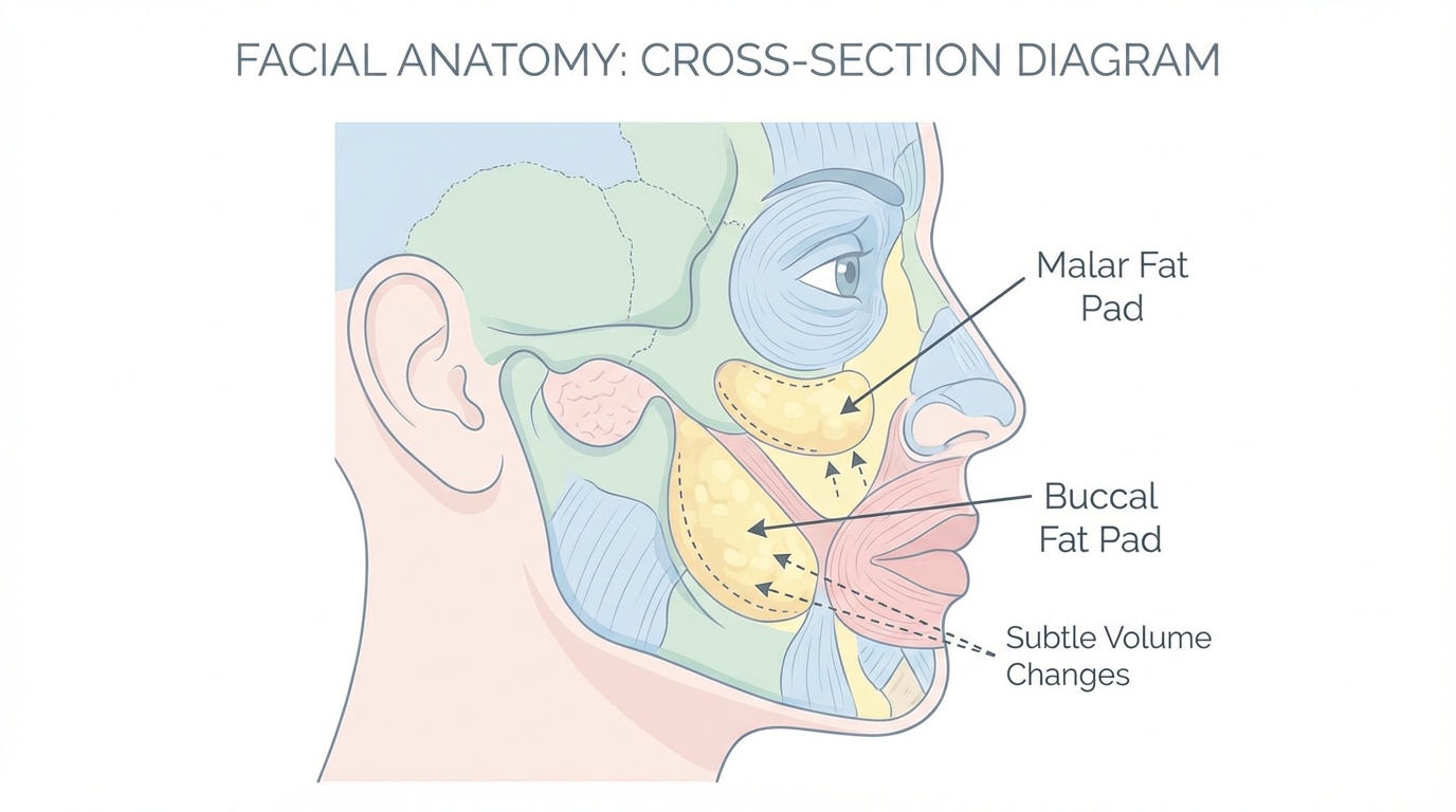 Illustration of facial fat pads and volume loss during weight loss