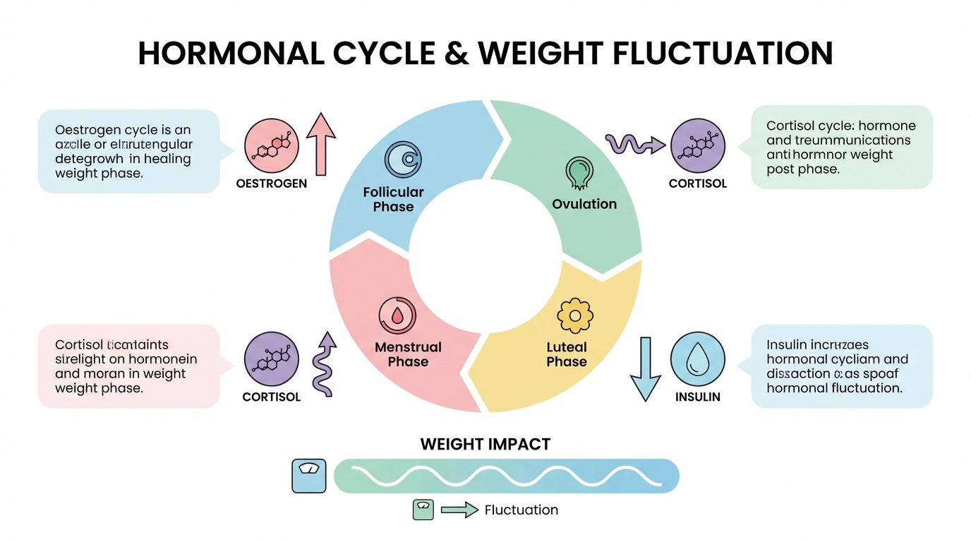 Diagram showing hormonal factors affecting women's weight loss including oestrogen and insulin
