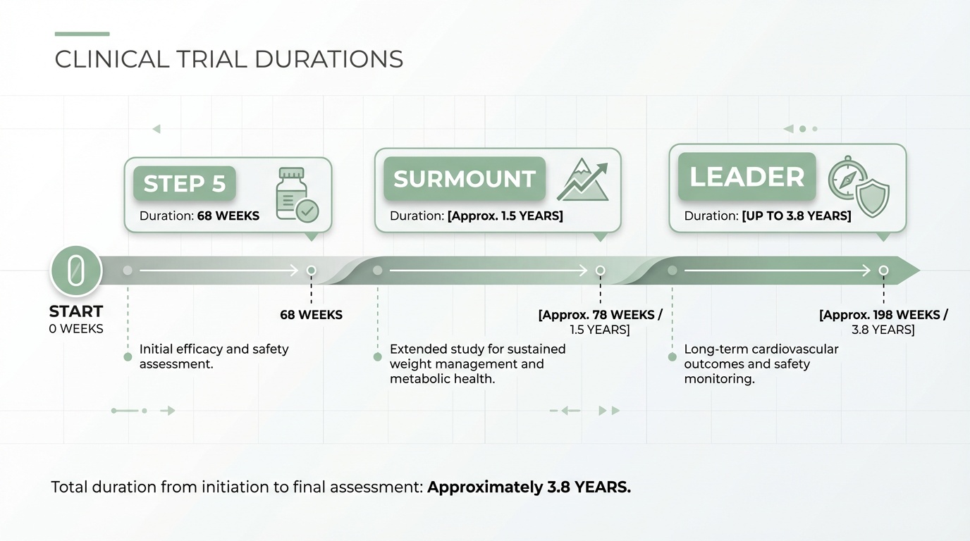 Timeline showing longest GLP-1 clinical trials from STEP 5 to LEADER