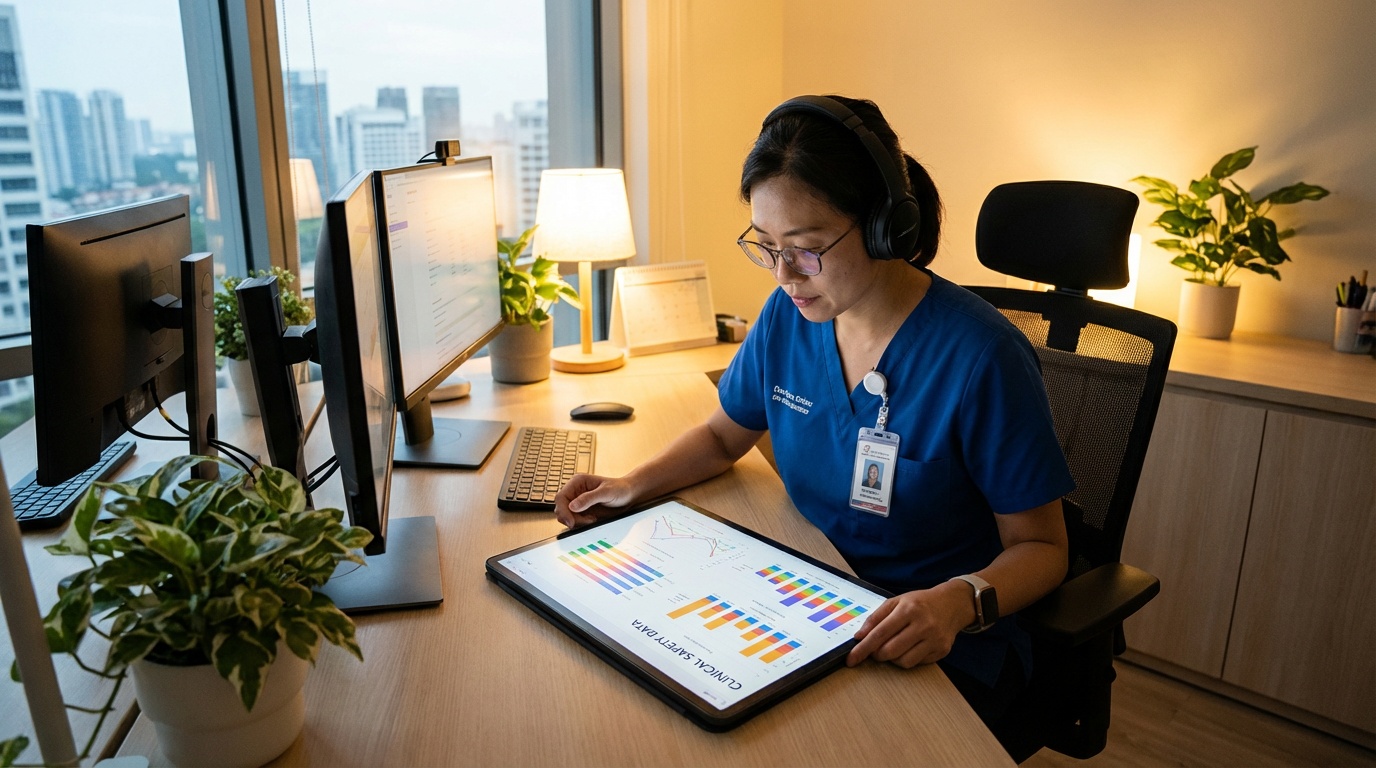 Medical professional reviewing long-term GLP-1 safety data and patient records