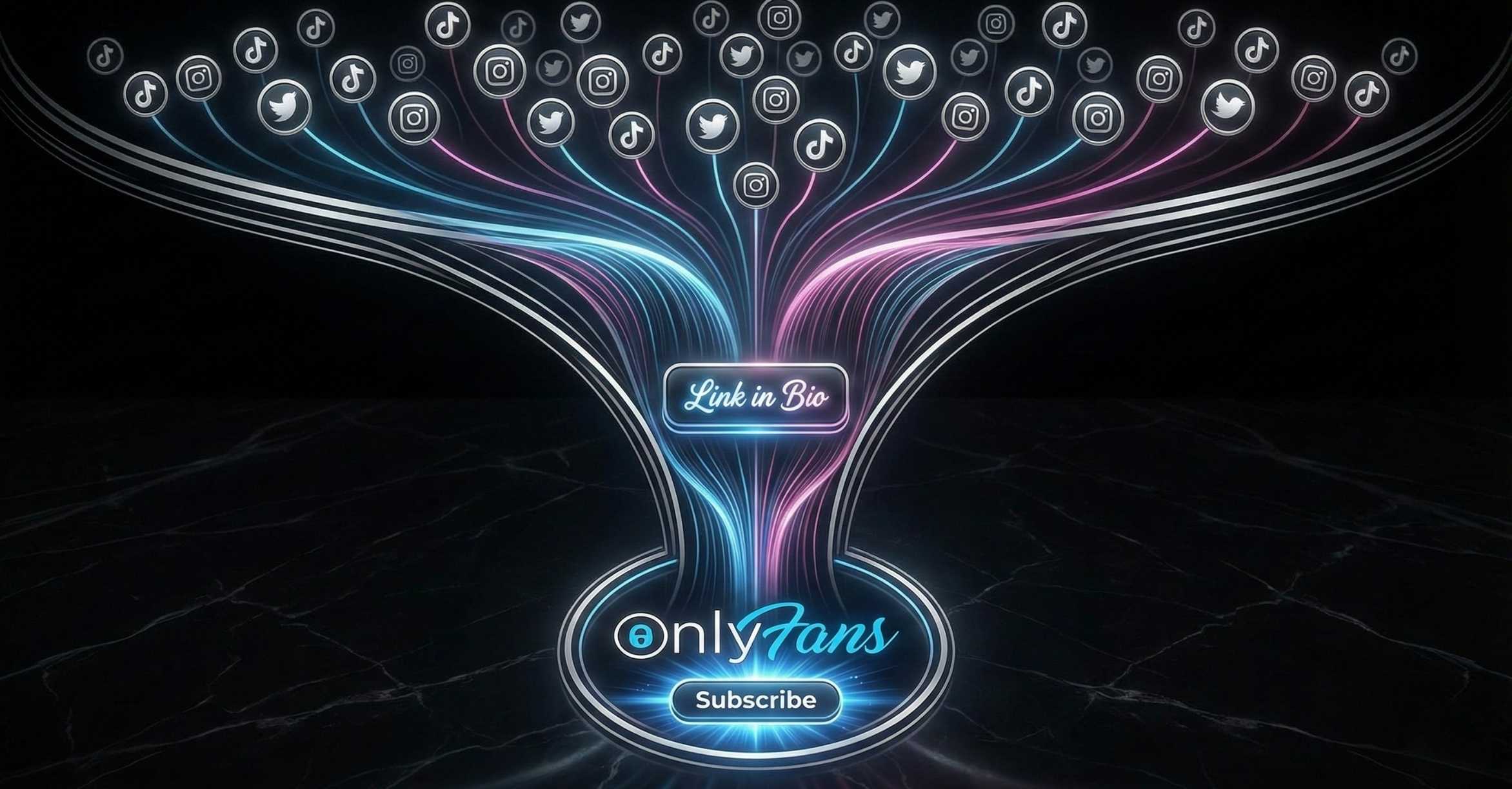 A glowing digital tree of neon blue and pink lines connecting many social media icons, leading to a bright OnlyFans button with a Subscribe call‑to‑action on a dark marble surface.