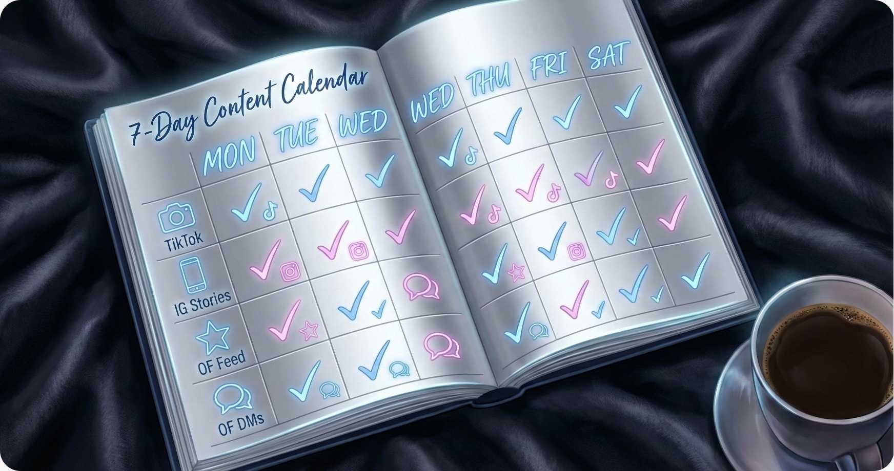 An open leather planner on a desk showing a 7-day weekly content calendar for OnlyFans, with glowing icons for social media posts, DMs, and sales, next to a cup of coffee.
