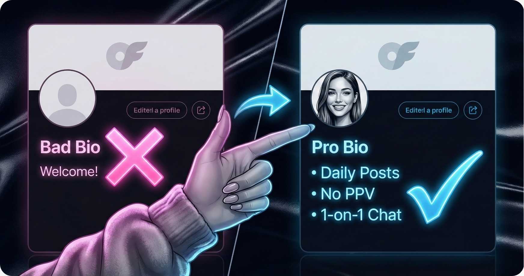 A split-screen illustration on a smartphone contrasting a "Bad Bio" with an empty profile and a red 'X', and a "Pro Bio" with a clear headshot, bullet points of perks, and a blue 'check' mark on a plush background.