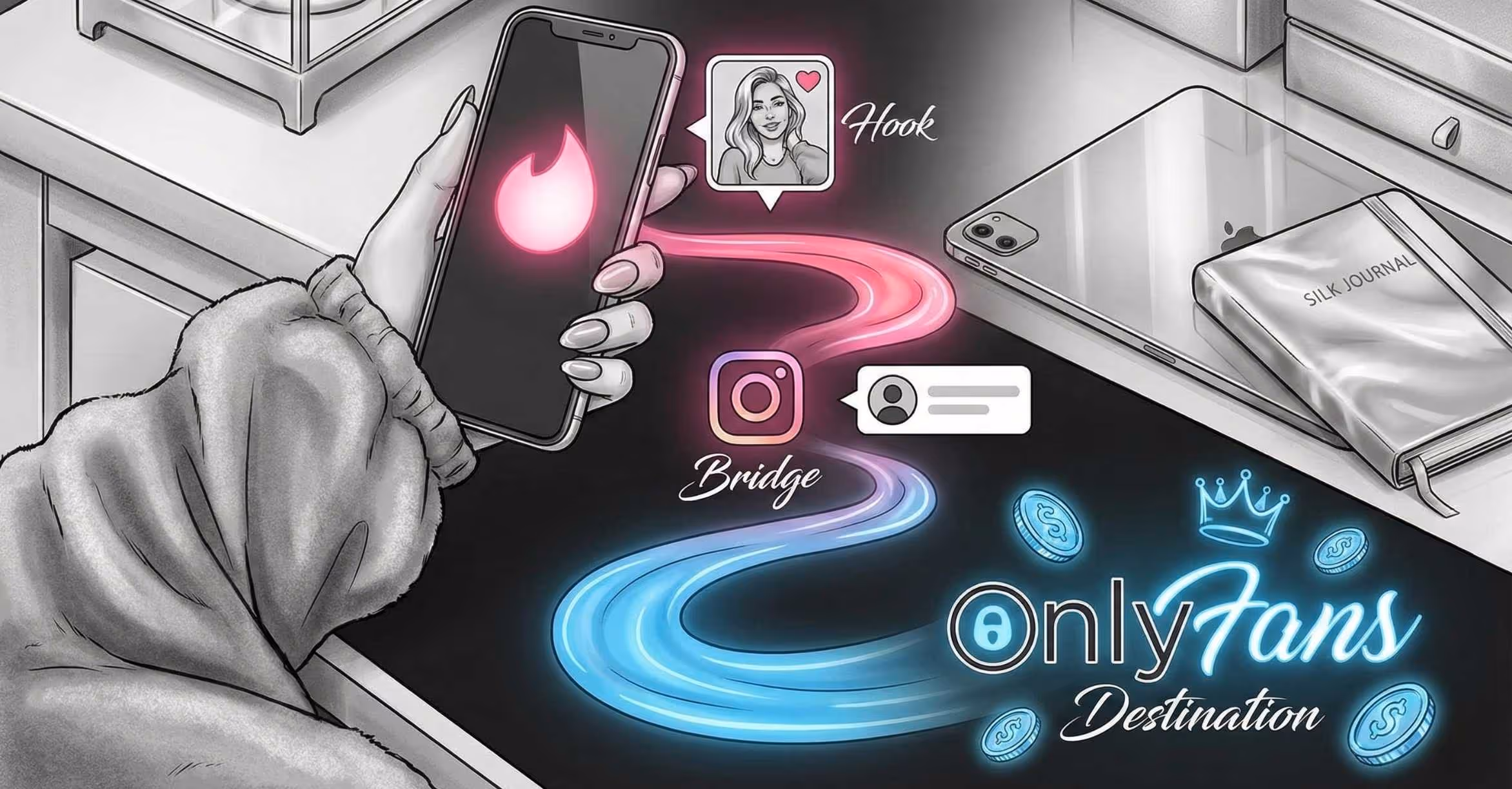 A stylish monochrome infographic illustrating the Tinder to OnlyFans marketing funnel with glowing blue and pink accents.