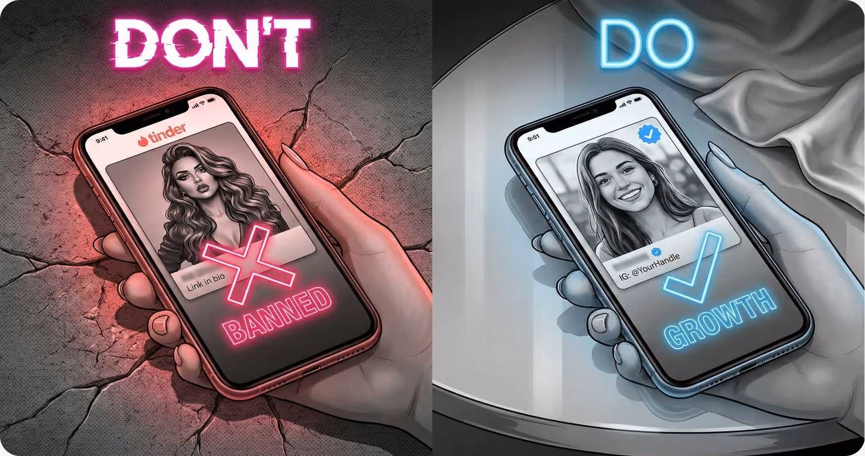  side-by-side comparison of a banned 'Don't' Tinder profile versus a successful 'Do' profile for OnlyFans promotion, with glowing status indicators.