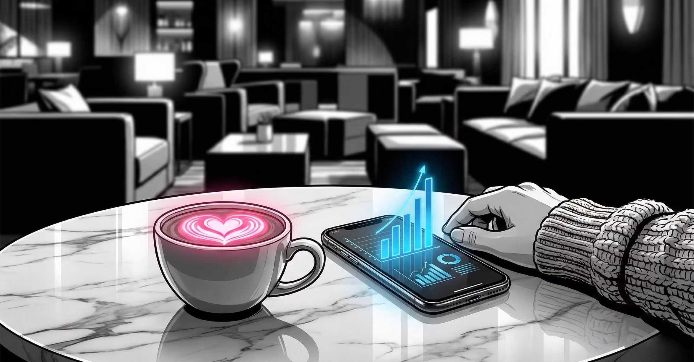 A stylish monochrome illustration of a smartphone showing rising analytics and a latte with a glowing pink heart on a marble table, representing OnlyFans mentorship.