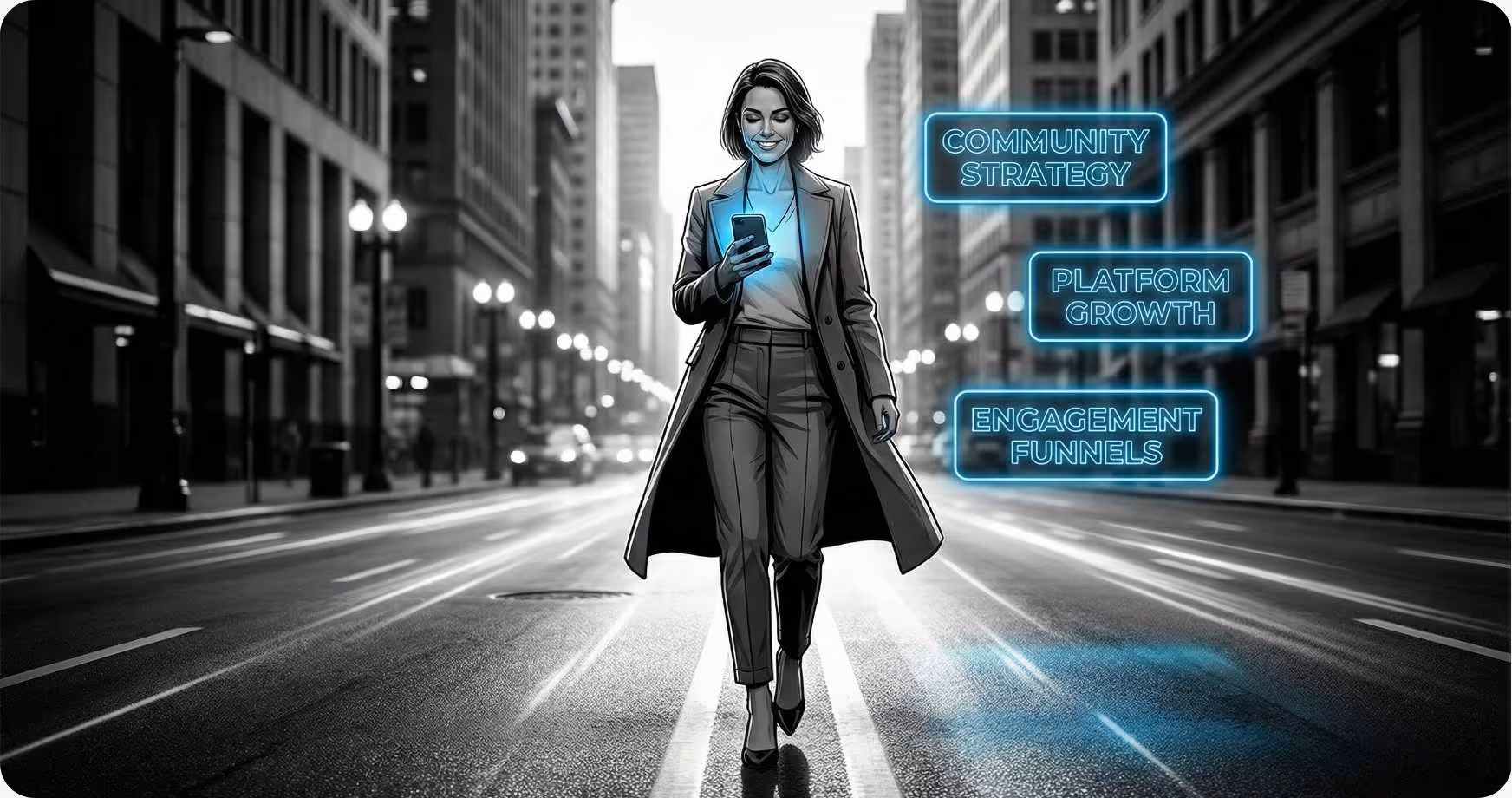 A fashion illustration of a confident creator on a city street with overlaid strategic text boxes for Reddit, X, and Instagram growth.