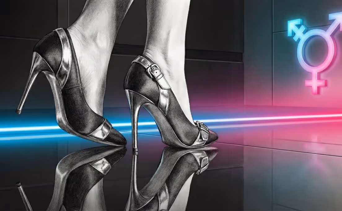 A metaphorical illustration of designer heels stepping onto a reflective surface with neon glowing horizons.