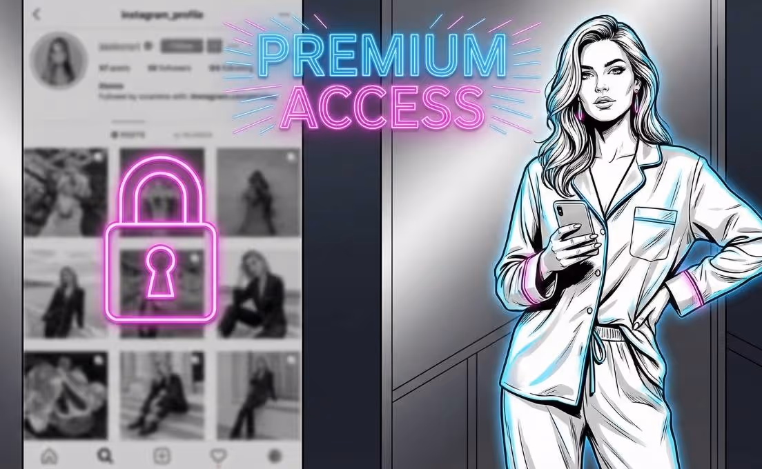 A split-screen editorial illustration showing a blurred, locked Instagram feed on the left and a confident creator with glowing blue success accents on the right, captioned "PREMIUM ACCESS".