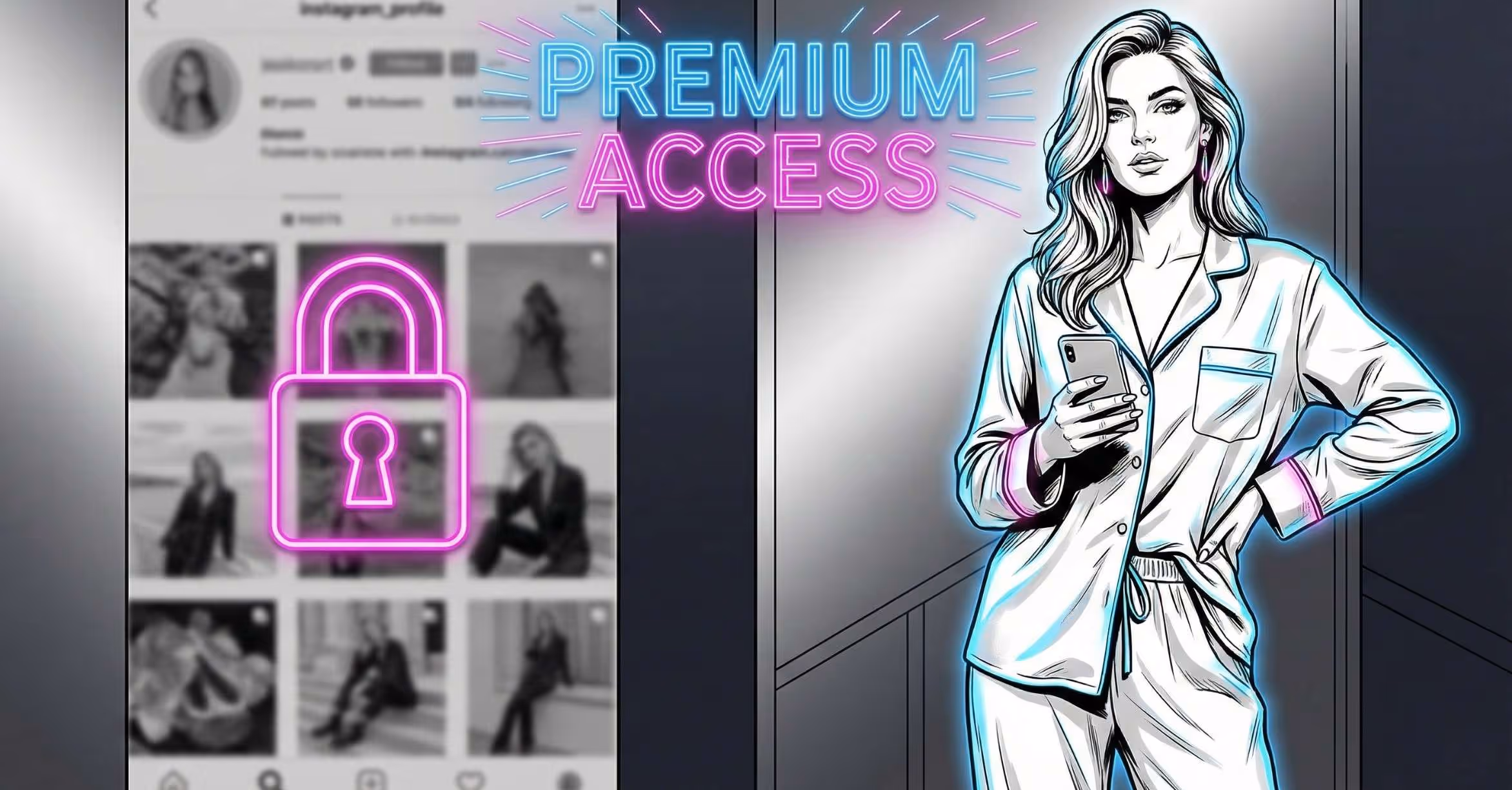 A split-screen editorial illustration showing a blurred, locked Instagram feed on the left and a confident creator with glowing blue success accents on the right, captioned "PREMIUM ACCESS".